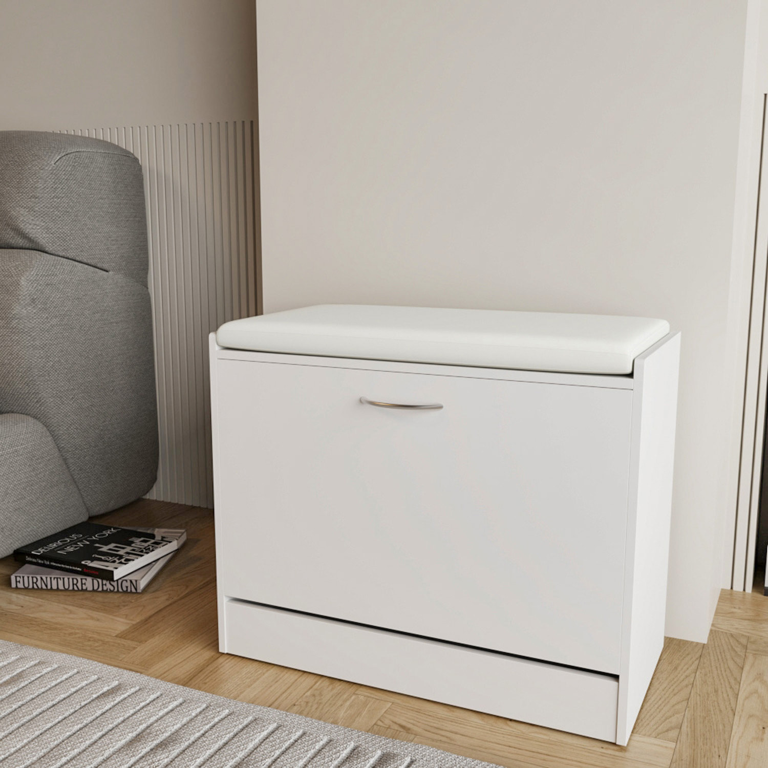 Panca Scarpiera Da Ingresso Salvaspazio Cuscino Anta Ribalta Seduta Imbottita In Ecopelle Soggiorno Casa Camera Ufficio 60 x 30 x 48 Cm Bianco