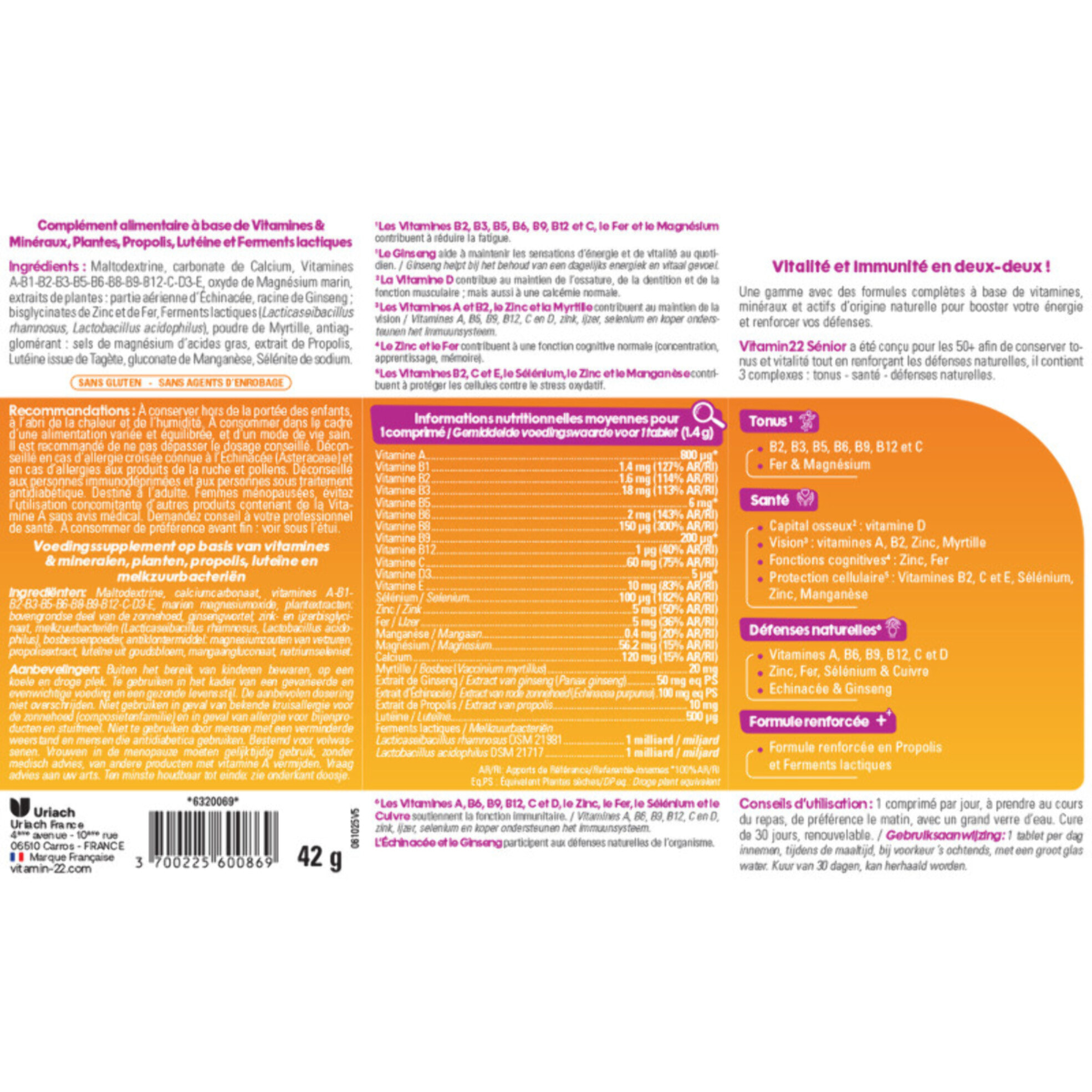 VITAMIN'22 - Programme Vitaminé  Senior - Cure  élaborée pour répondre aux besoins spécifique des 50 ans et plus - Soutien du confort visuel, mémoire, capital osseux