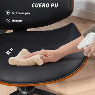 Silla de Oficina sin Brazos Silla de Escritorio Vintage Giratoria Tapizada en PU Madera Curvada Altura Ajustable Respaldo Curvado Negro y Marrón