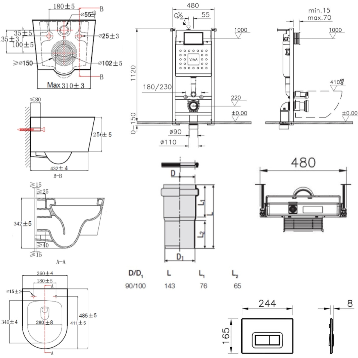 Pack WC Bâti-support V-Fix Core + WC SAT sans bride et fixations invisibles + Plaque, Blanc brillant (V-FixSATrimless-1)