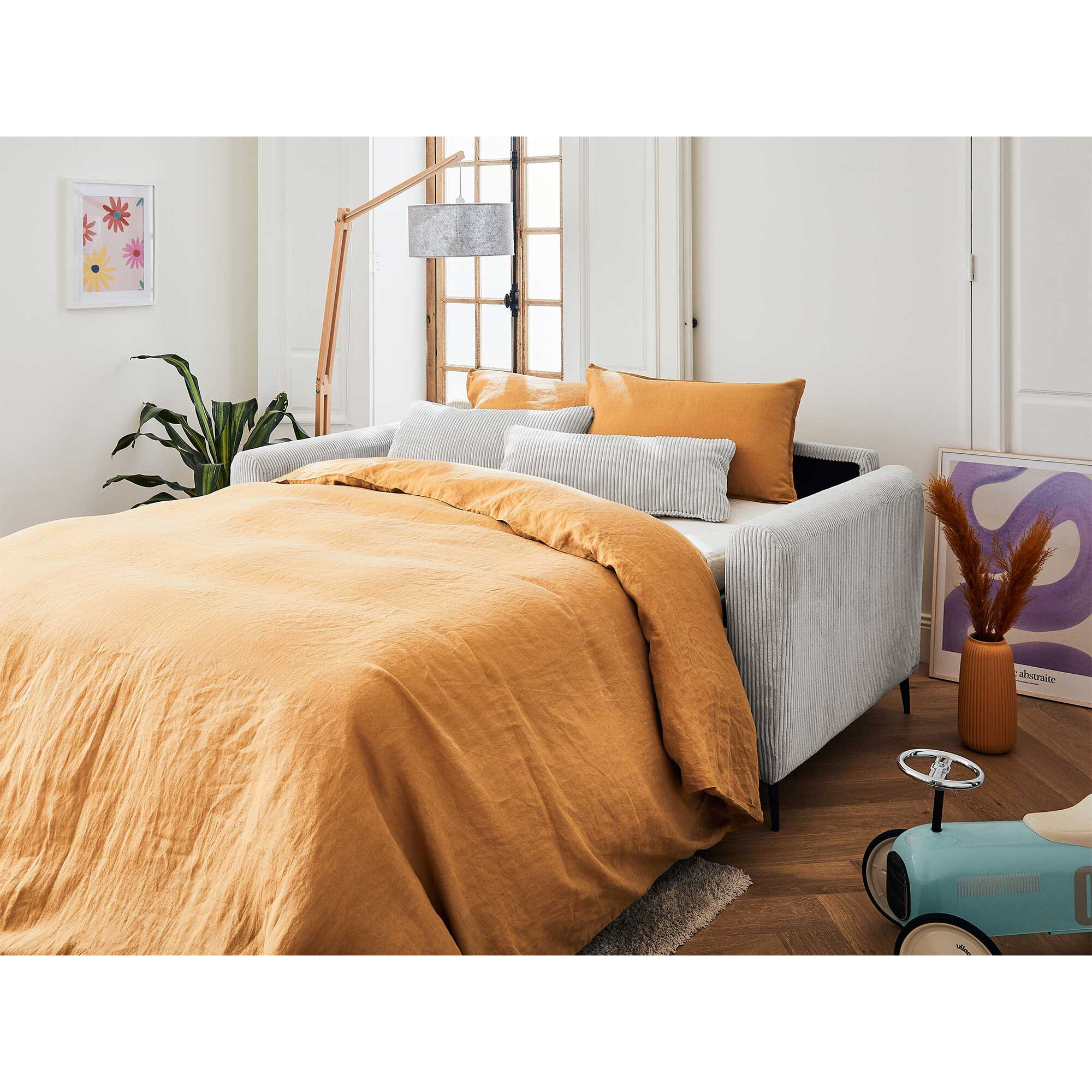 Owen - canapé lit 3 places convertible express couchage quotidien 140 cm matelas 12 cm en velours côtelé - Gris clair