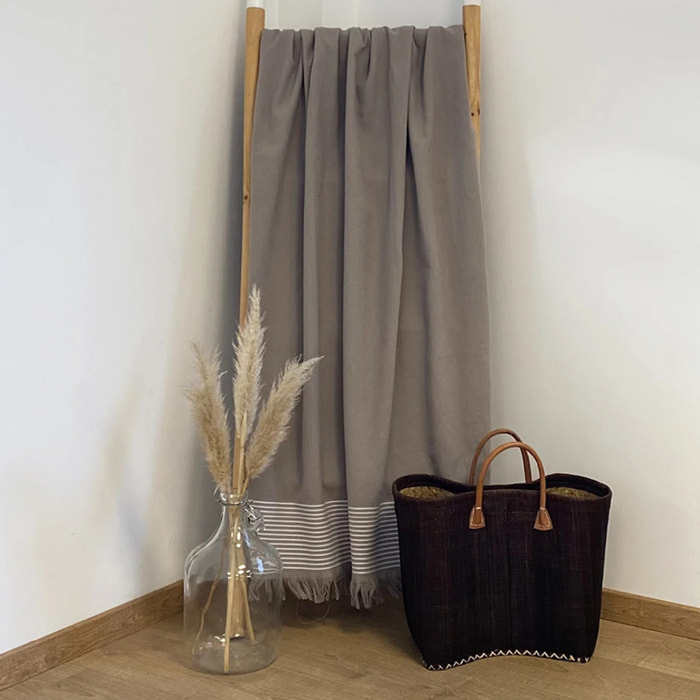 Fouta doublée éponge L - Paski Taupe - 300g/m²