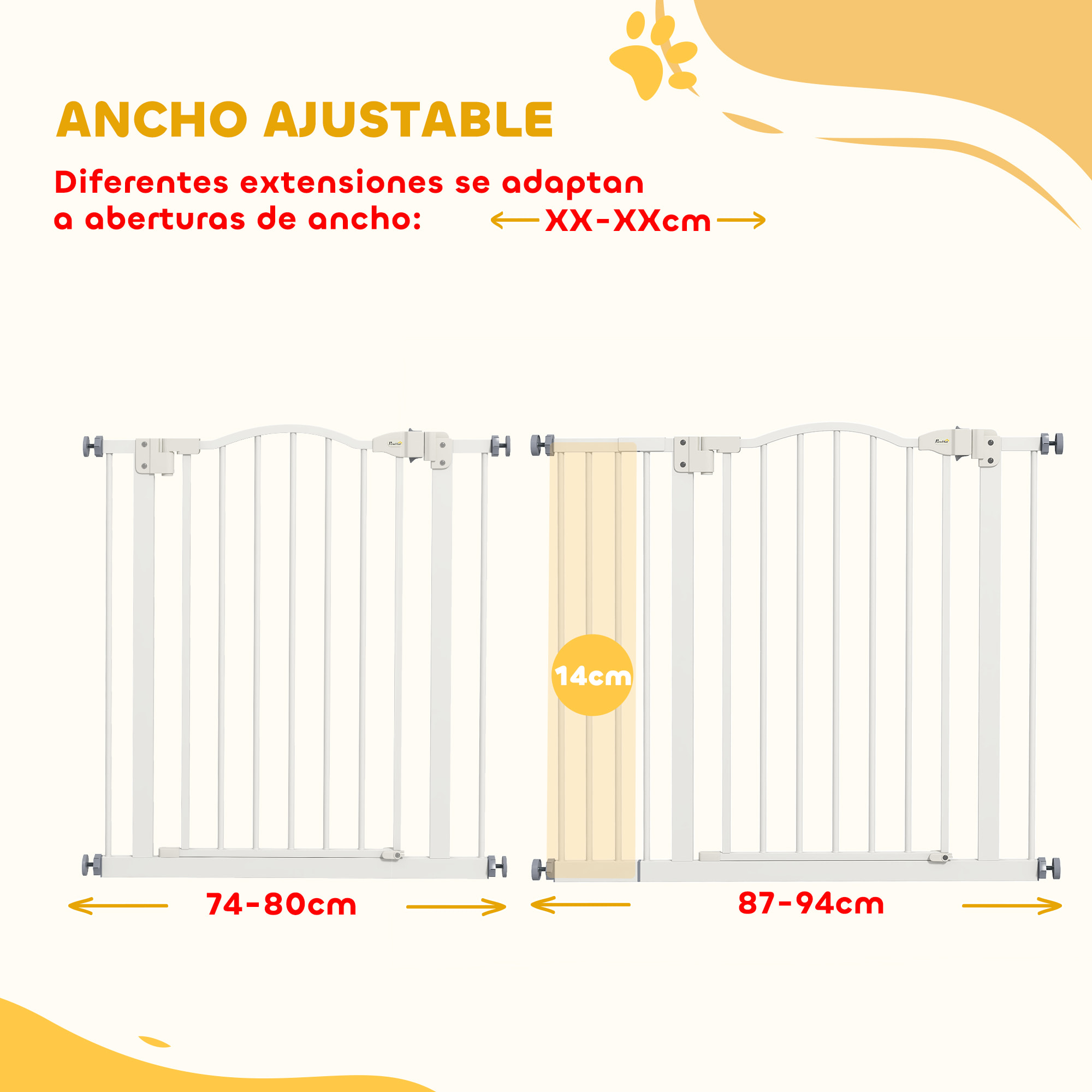 Barrera de seguridad para Perros Extensible 74-94 cm, para Puertas y Escaleras, Barrera para Perros con Extensión 14 cm, Montaje a Presión y Doble Bloqueo, Blanco