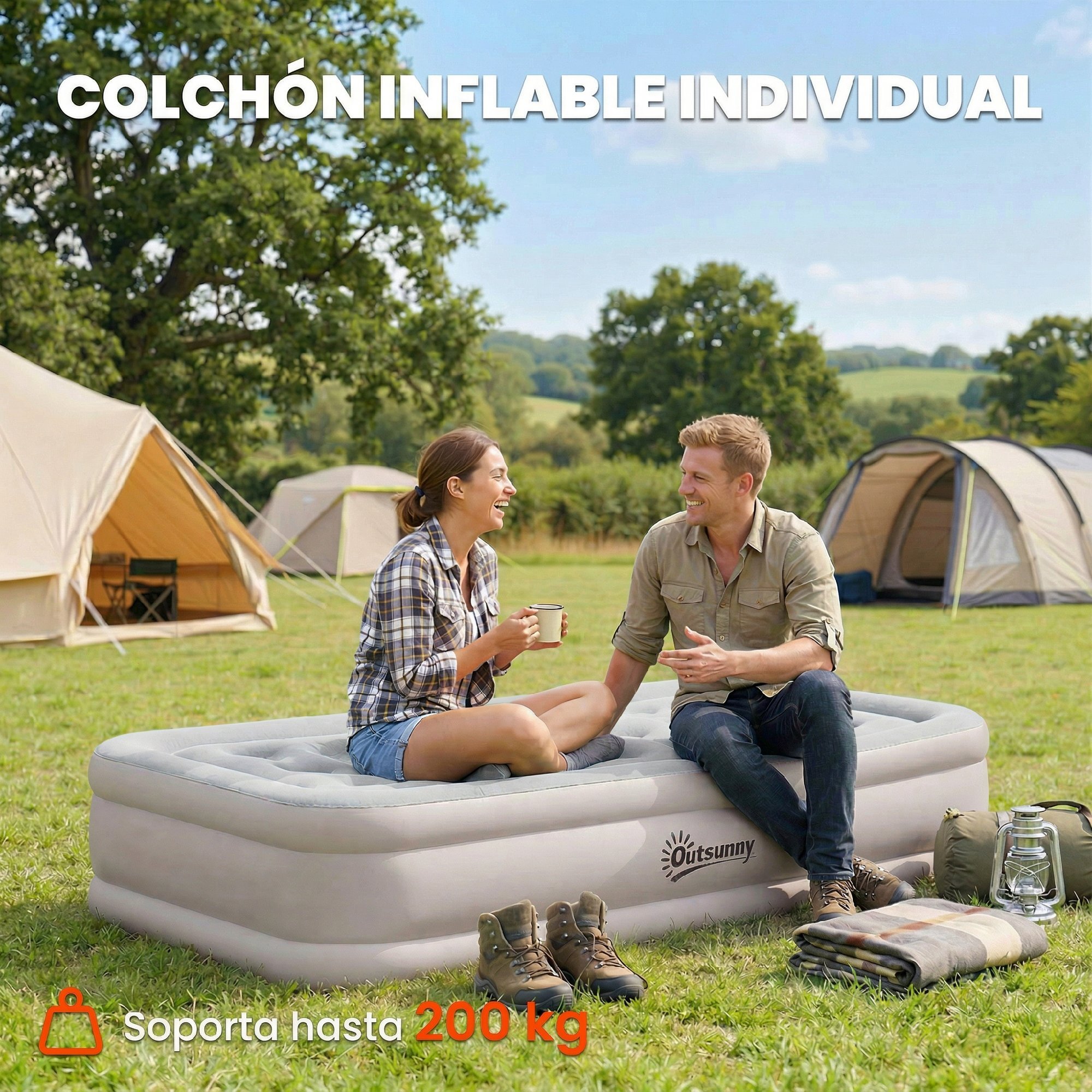 Colchón Hinchable Individual 190x97x39 cm con Bomba Integrada, Inflado 3 Min Desinflado 2 Min, Colchón Inflable Plegable Impermeable, Bolsa Transporte, Superficie Flocado, Carga 200 kg, Caqui