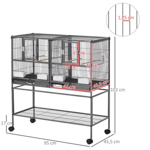 Cage à oiseaux avec séparation mangeoire et perchoir 95L x 45l x 102H cm Noir et Gris