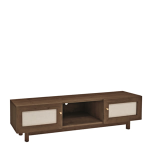 Mueble de TV de madera maciza y tejido de lino de 2 puertas en tono nogal de 150x40cm Alto: 40 Largo: 150 Ancho: 42