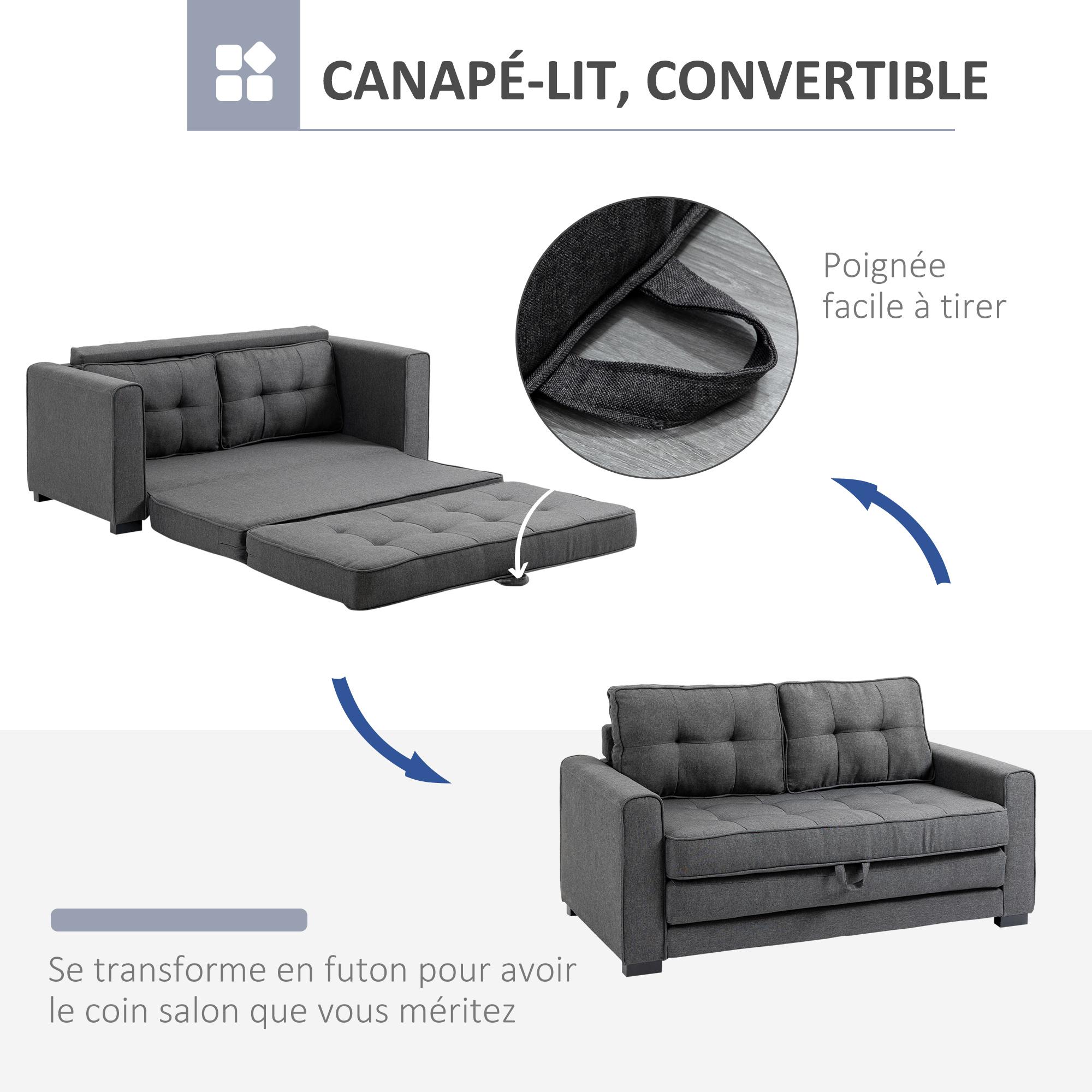 Canapé convertible 2 places design contemporain assise dossier capitonnés polyester aspect lin gris