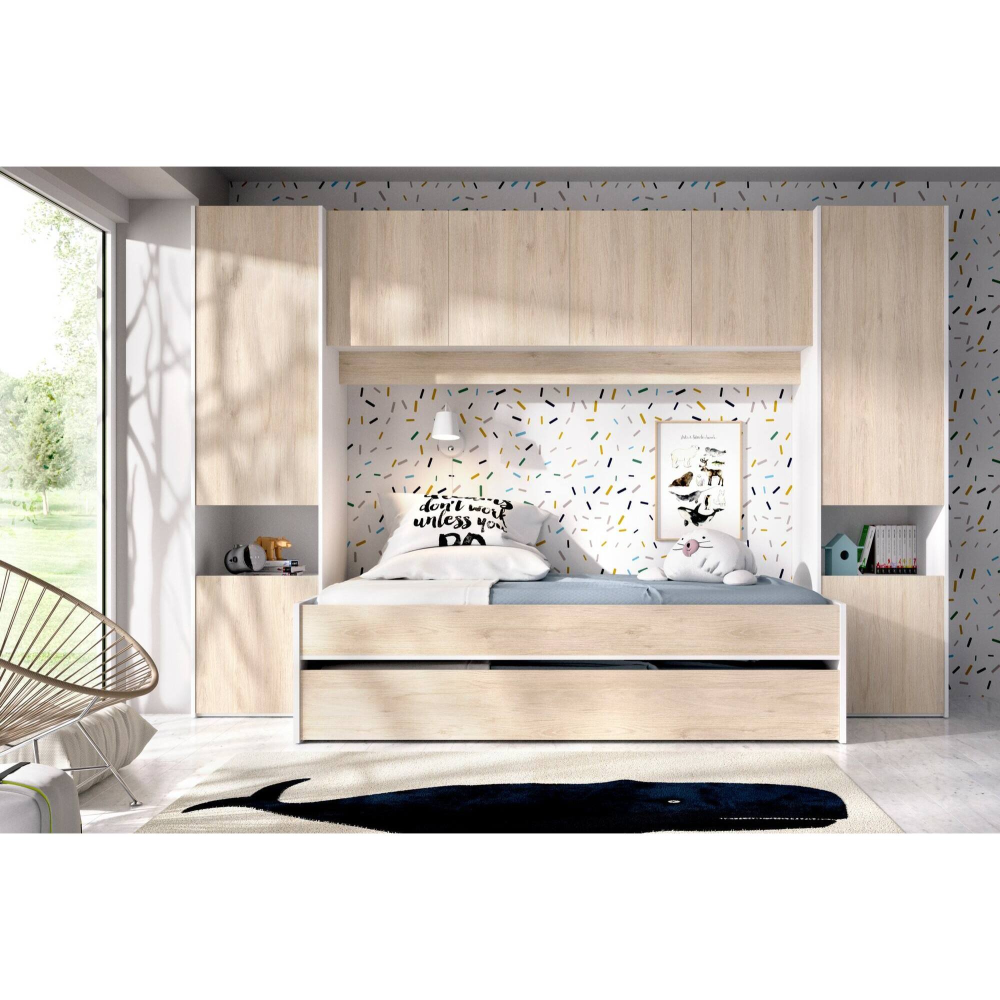 Letto per bambini Venturosa, Cameretta completa con armadio a ponte e cassettone, Composizione con letto e lettino singolo estraibile, 303x97h203 cm, Rovere e Bianco