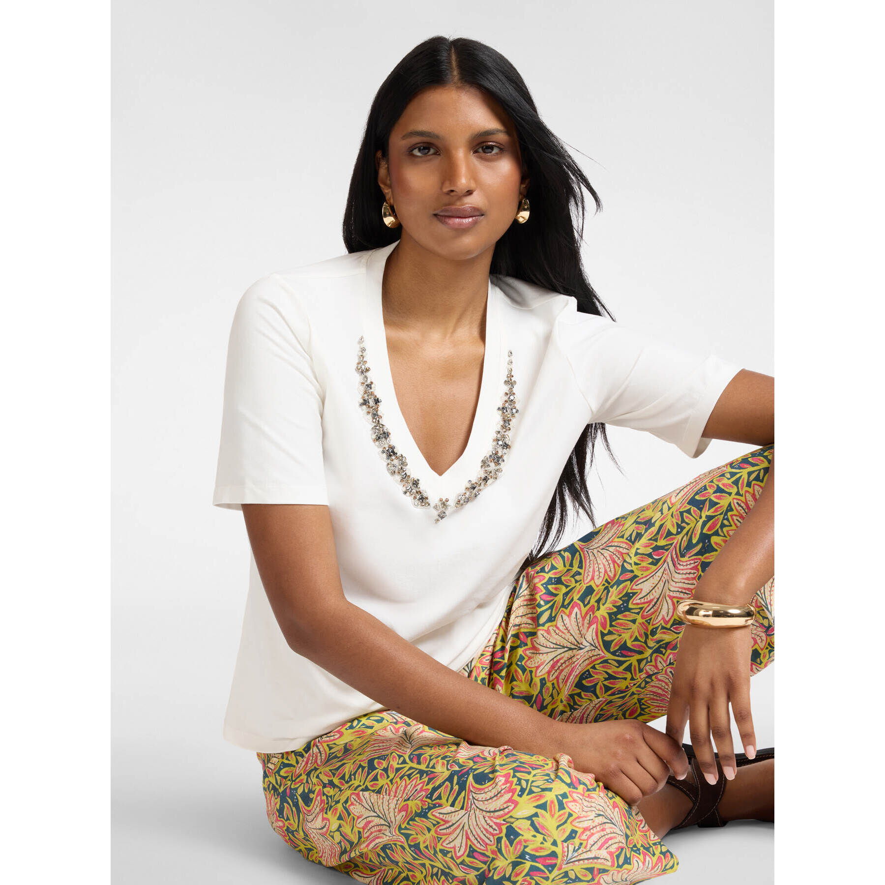 Elena Mirò - Camiseta de algodón con bordado - Blanco