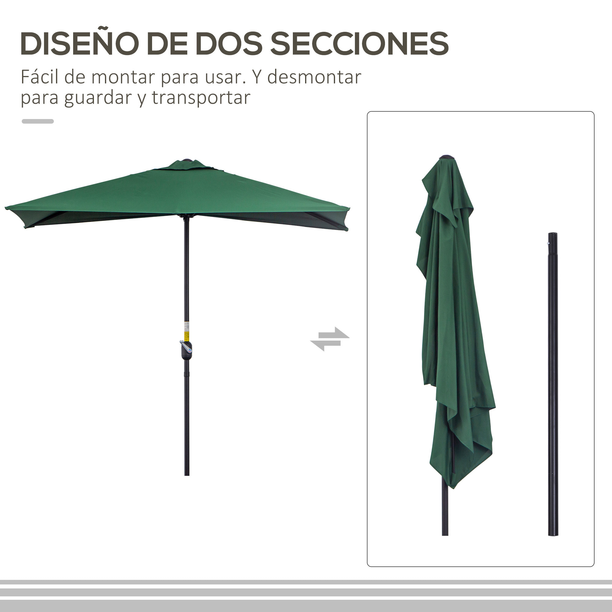 Sombrilla Rectangular 230x130x245 cm Parasol para Pared Media Sombrilla con Manivela Protección UV 30+ Impermeable Sombrilla para Balcón Terraza Jardín Verde