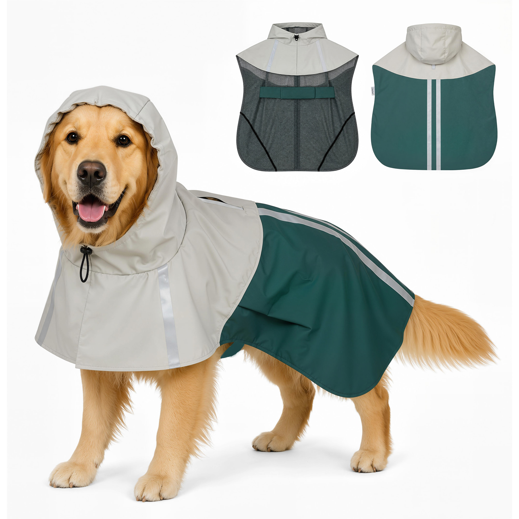 Impermeable para Perros con Capucha, Chubasquero Impermeable y Transpirable con Agujero para Correa, Tiras Reflectantes, Poncho Ajustable para Perros Grandes de 20-30 kg, L, Verde