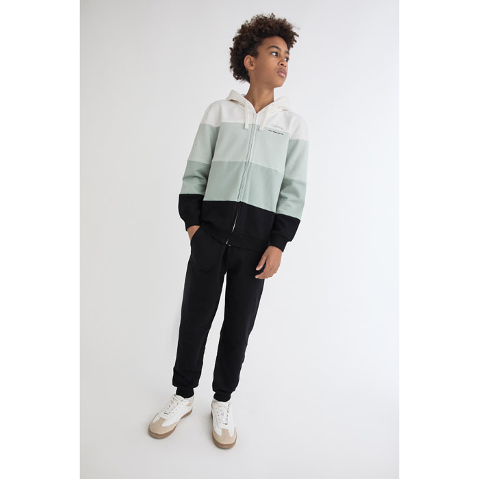 Conjunto niño chaqueta con capucha negro, verde y crudo de franjas anchas y pantalón jogger | Color: Negro | Street Monkey