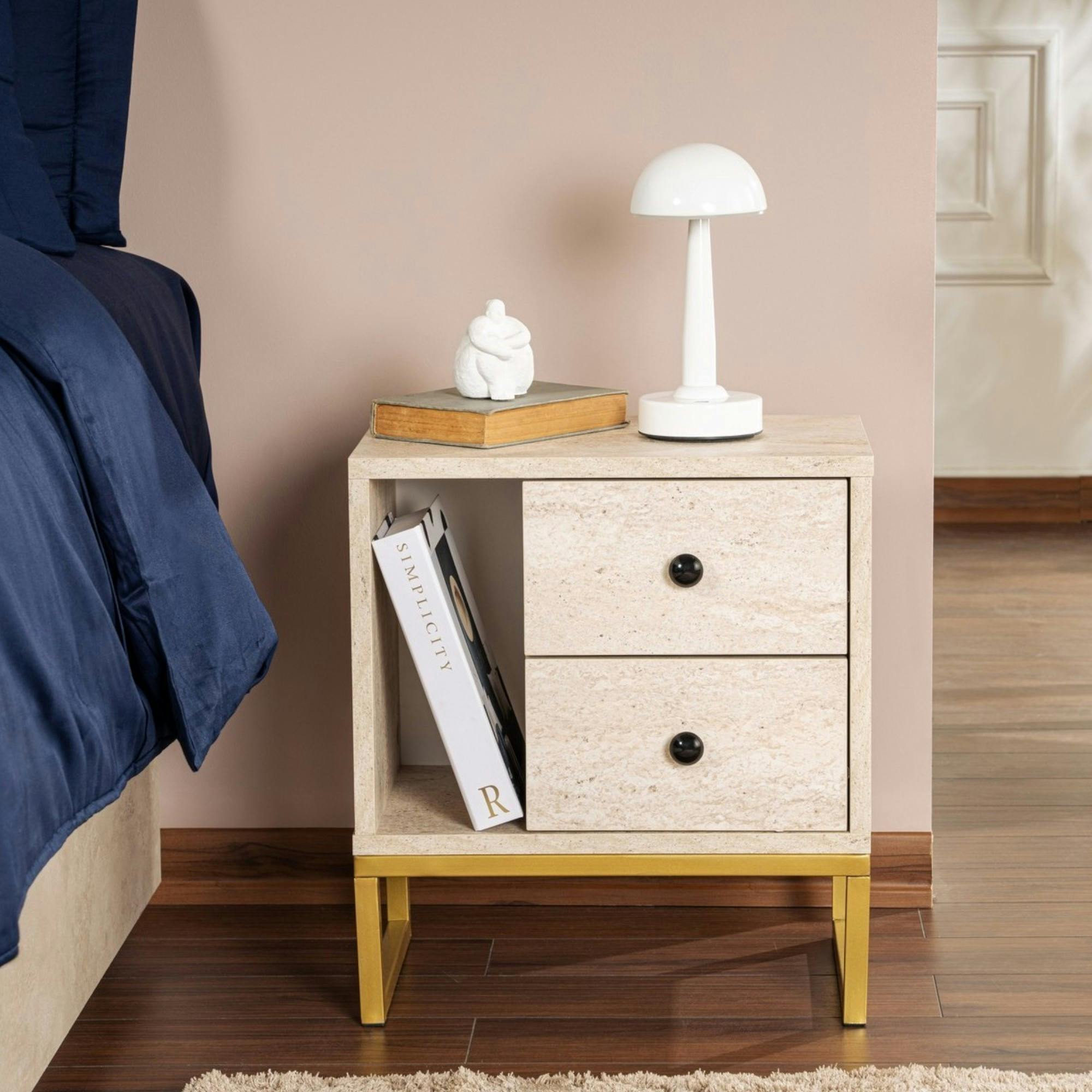 Table de nuit 2 tiroirs, 1 niche - effet travertin JENA