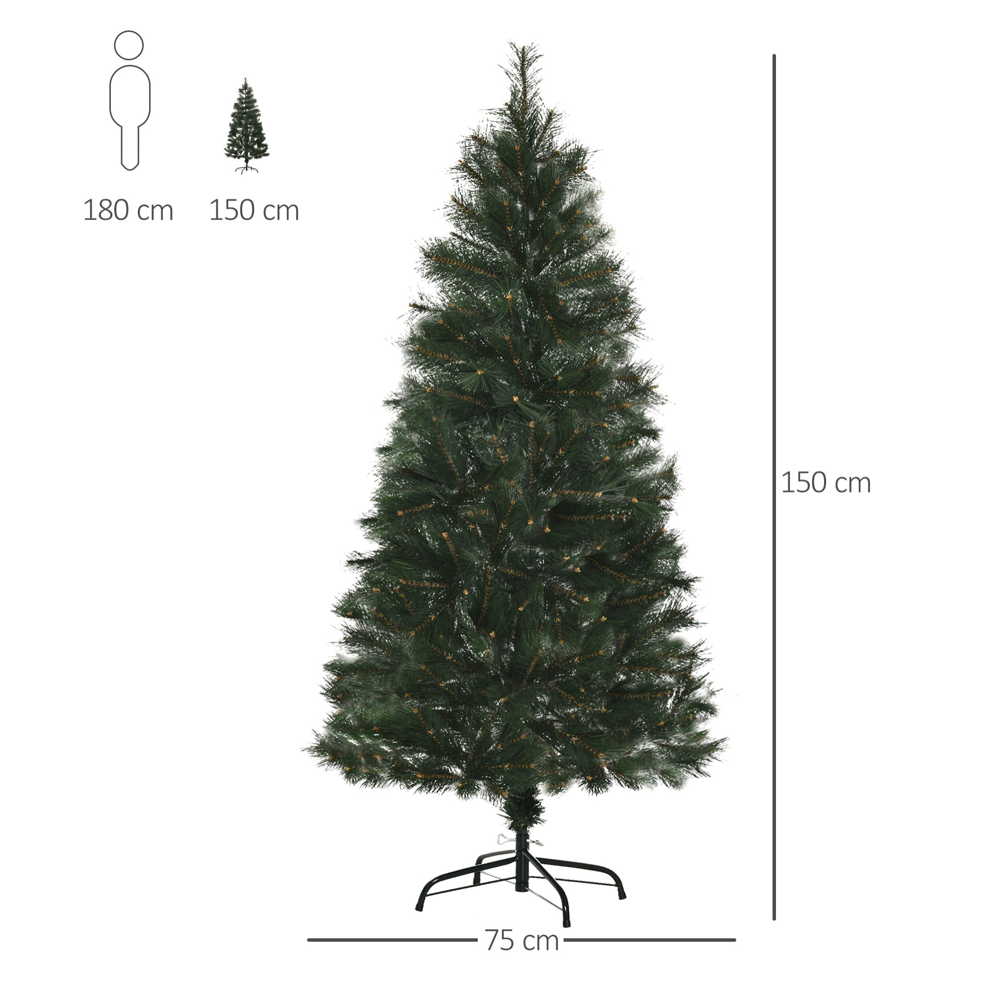 HOMCOM árbol de Navidad 150 cm Artificial con 219 Agujas de Pino de PVC Ignífugo Base Plegable y Soporte de Acero Montaje Rápido Decoración Navideña para Interiores Verde