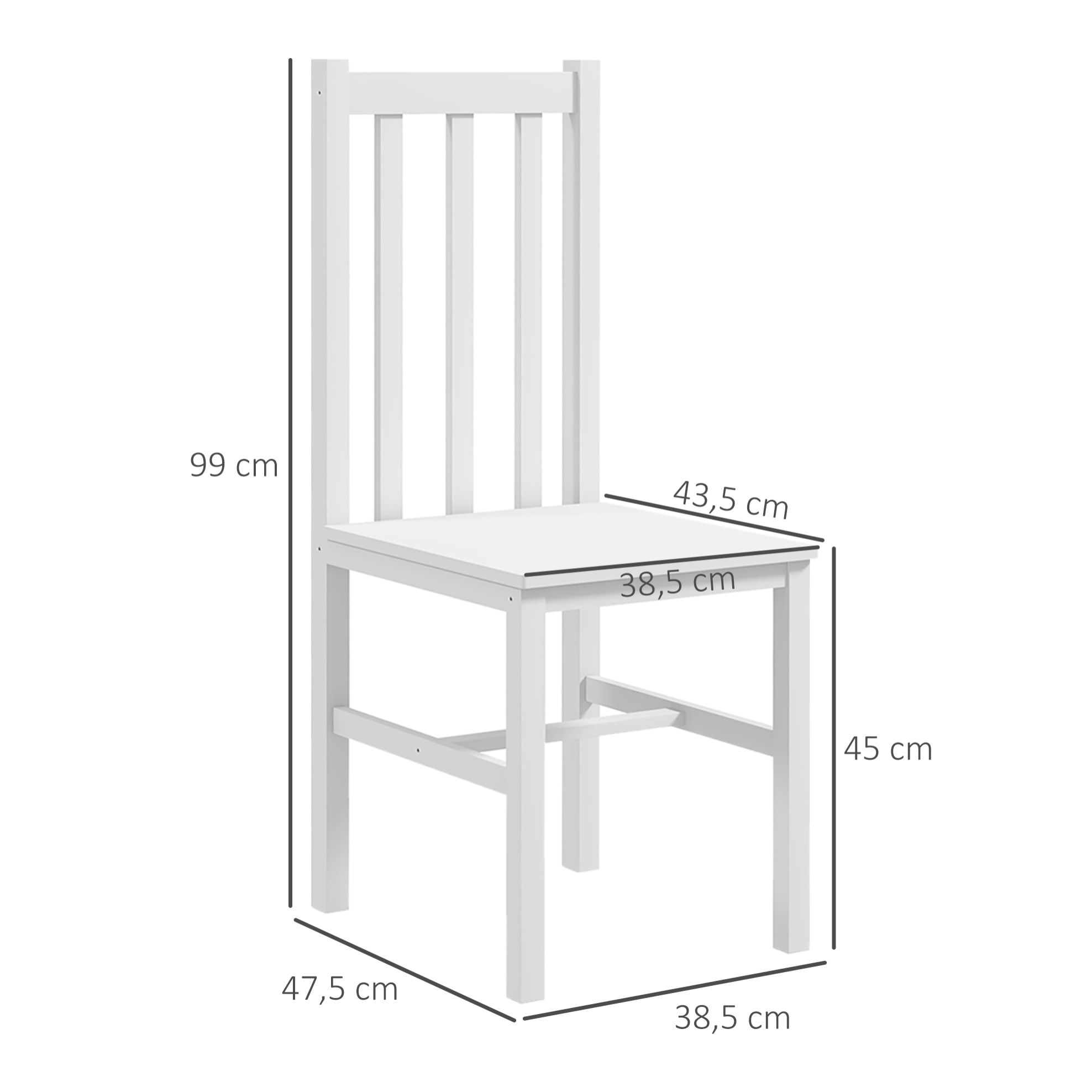 Juego de 2 Sillas de Comedor de Madera de Pino, Sillas de Cocina con Respaldo Alto de Listones, para Comedor, Salón, Blanco
