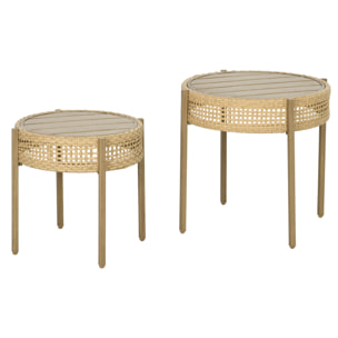 Lot de 2 tables gigognes de jardin style bohème chic PE aspect rotin métal effet bois