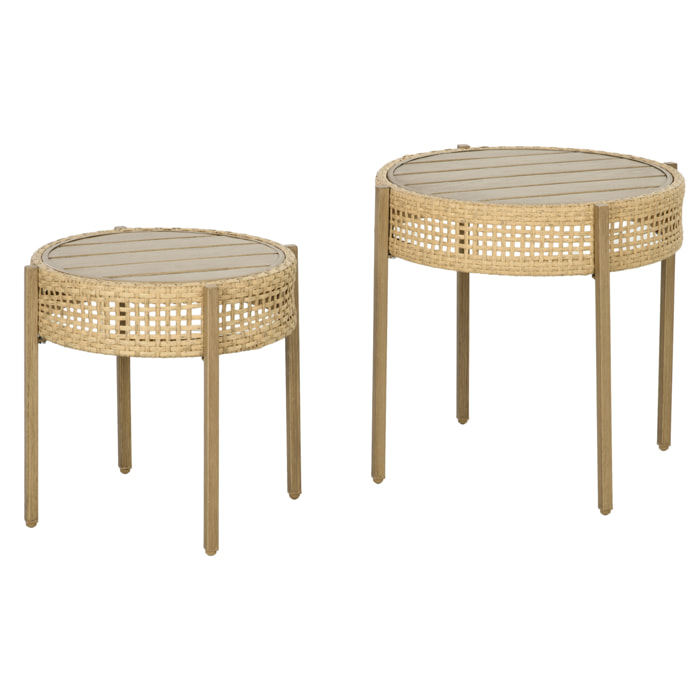 Lot de 2 tables gigognes de jardin style bohème chic PE aspect rotin métal effet bois