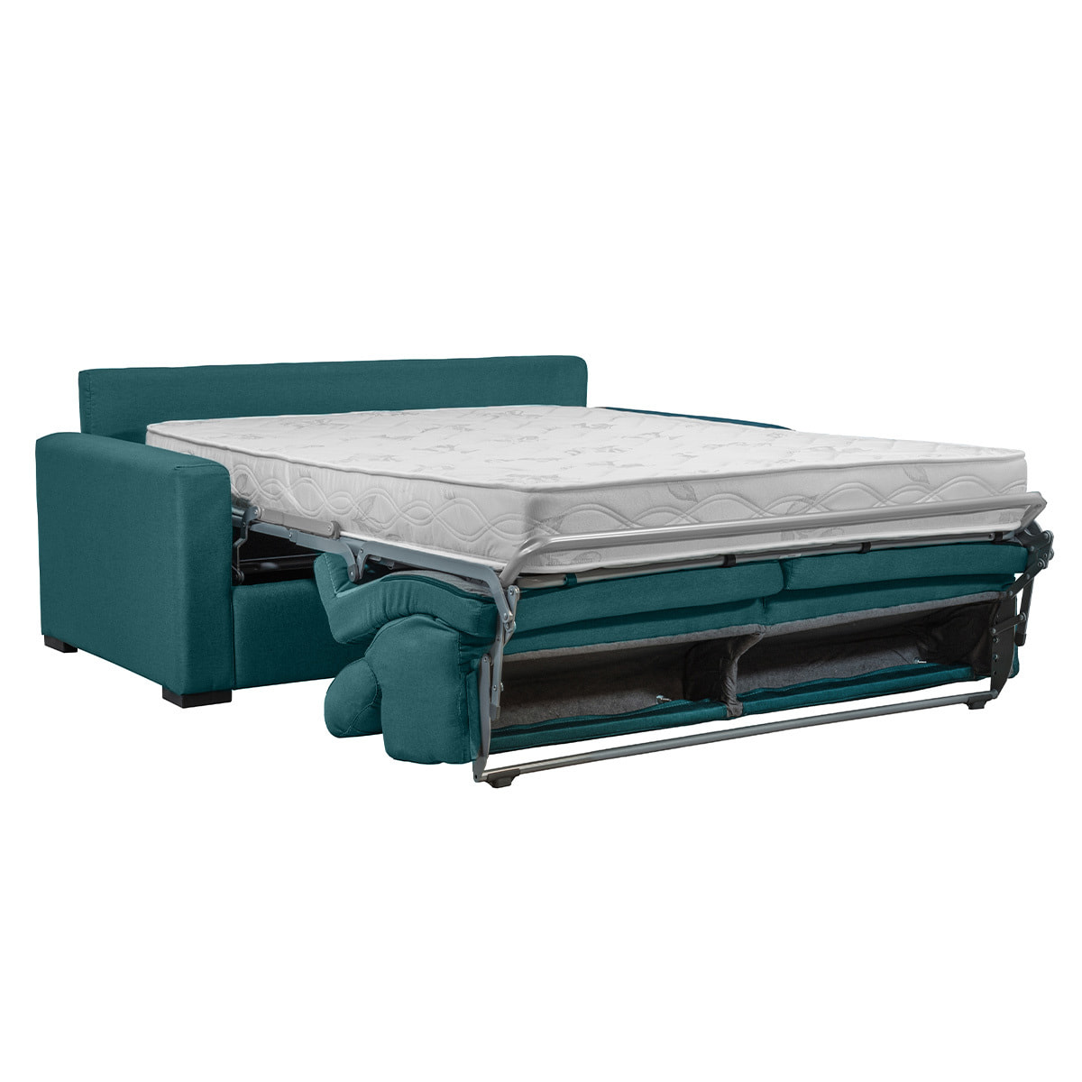 Canapé convertible avec têtières ajustables 3 places en tissu bleu canard avec matelas 18 cm NORO