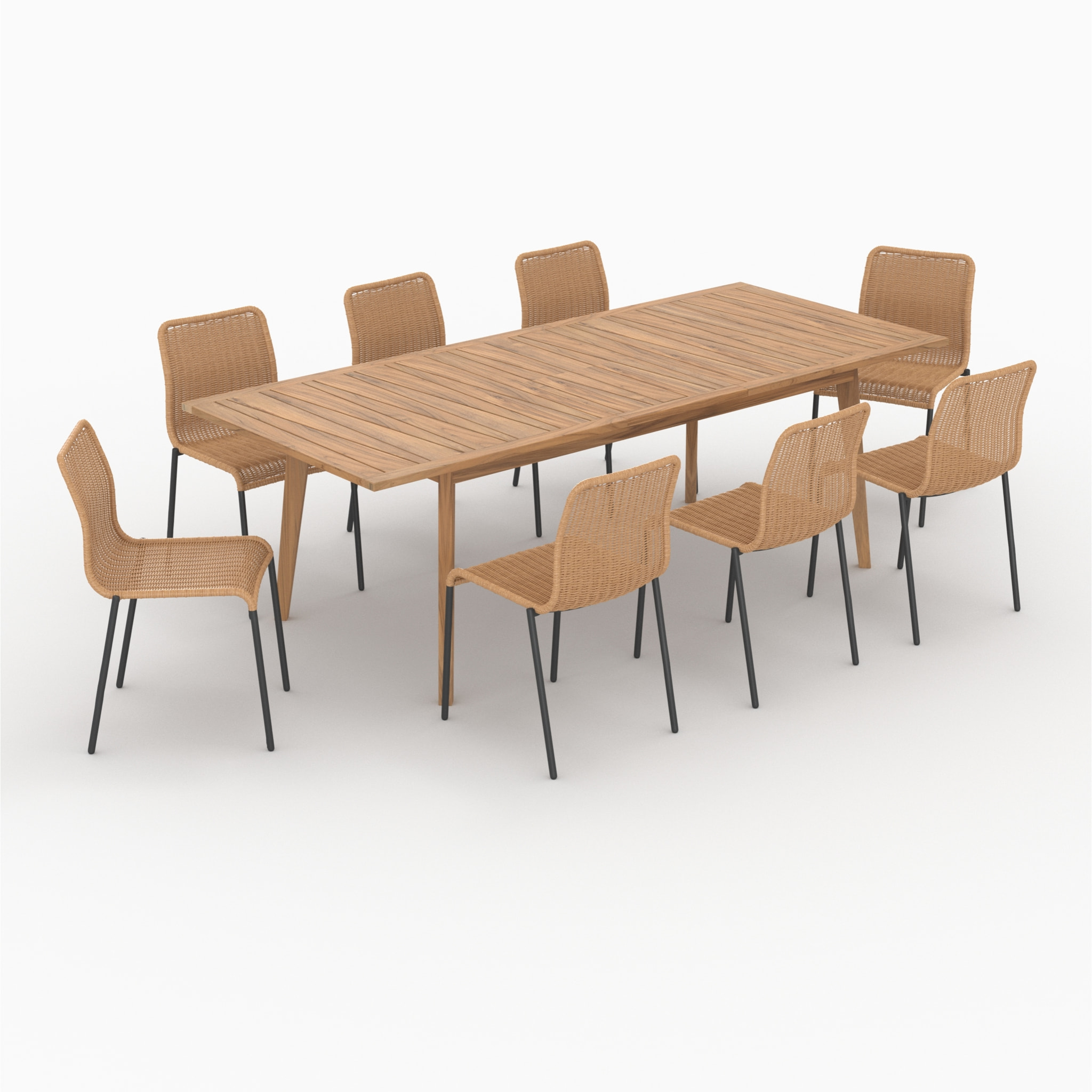 Table et chaises de jardin 8 personnes, bois, résine tressée naturelle - Tunga