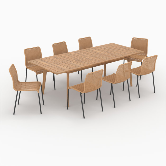 Table et chaises de jardin 8 personnes, bois, résine tressée naturelle - Tunga