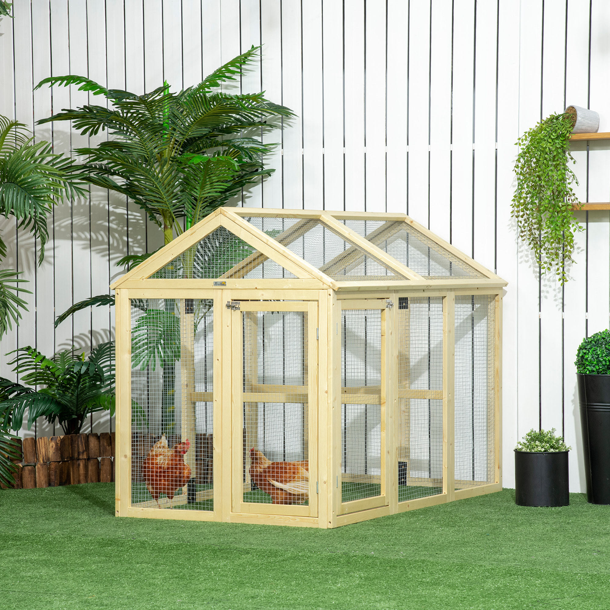 Enclos poulailler chenil 1,23 m² - parc grillagé dim 140L x 88,5l x 106H cm - 2 portes verrouillables - bois sapin