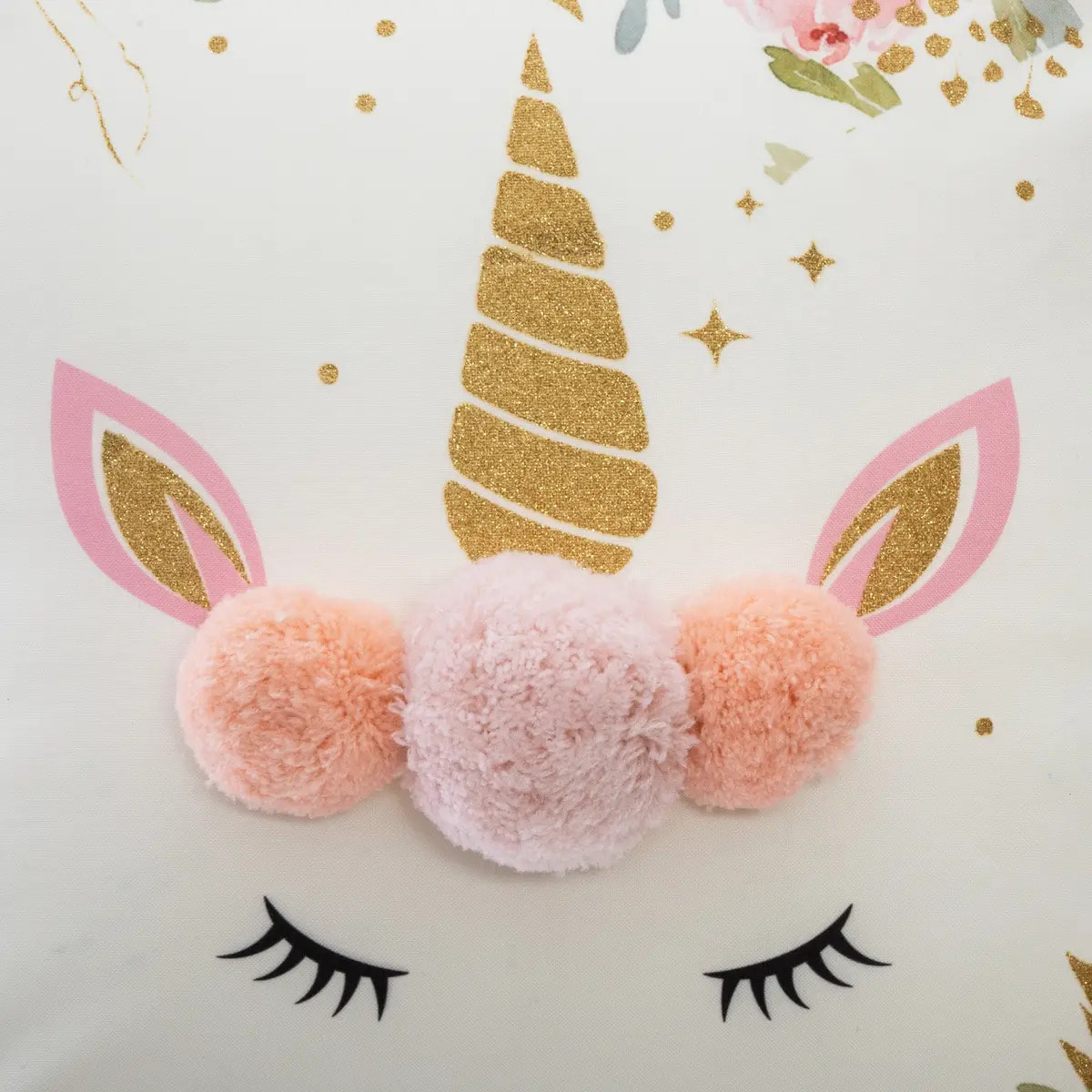 Coussin enfant "Licorne" - pompons - 39x39 cm