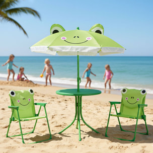 Well Home Conjunto jardín niños 4 piezas (mesa + 2 sillas + paraguas) diseño Rana, plegable y ligero