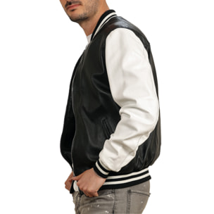 Bomber bicolore in pelle di vitello Nero-Bianco Slim Fit