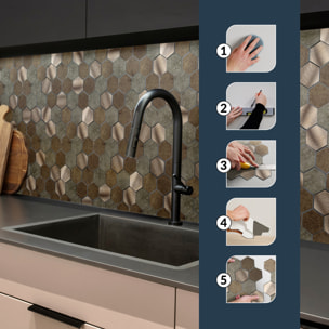 Crédence adhésive murale 3D  - Effet carrelage hexagonal 4 pièces - Gris