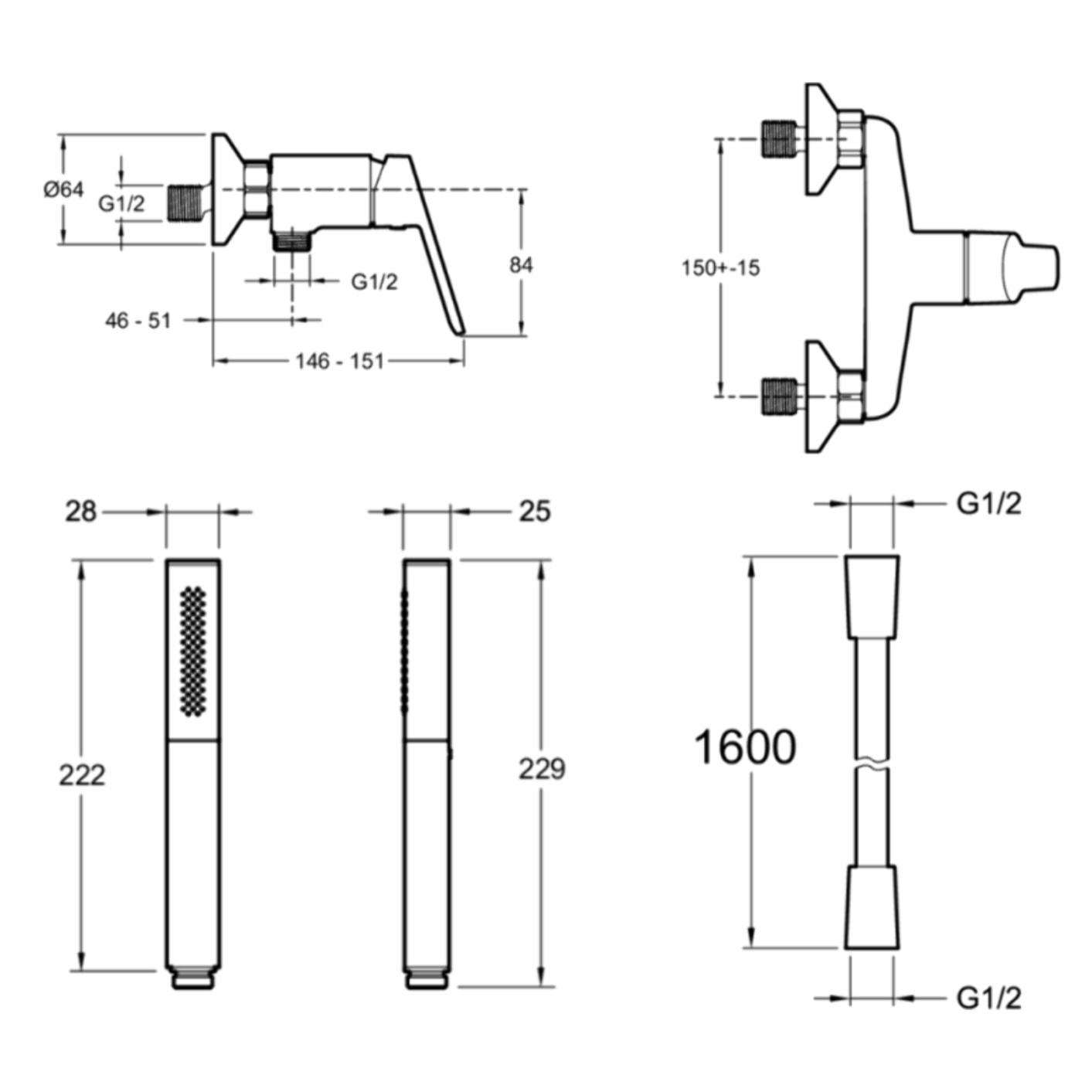 Mitigeur douche Aimé + douchette stick Shift Ellipse + flexible 1,6m noir et chromé