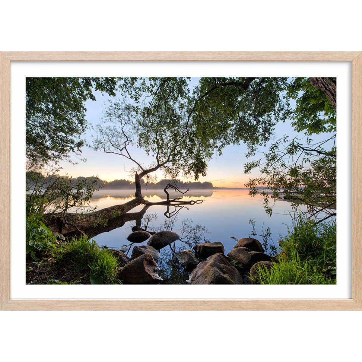 Affiche bord de lac Affiche + cadre en bois - Chêne