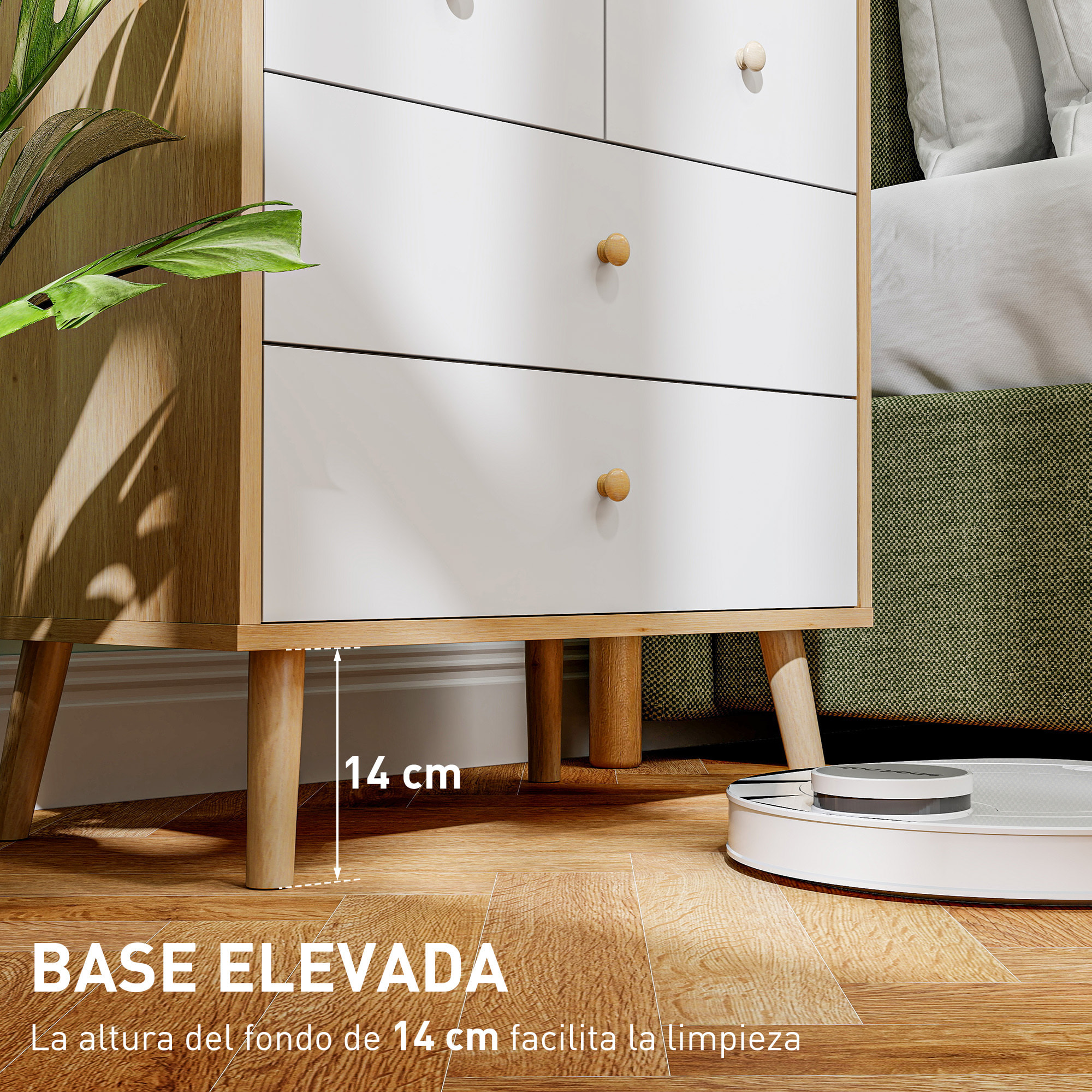 Cómoda de 4 Cajones Cómoda para Dormitorio con Tiradores de Madera Cajonera Estrecha para Salón Pasillo 60x35x65 cm Roble y Blanco