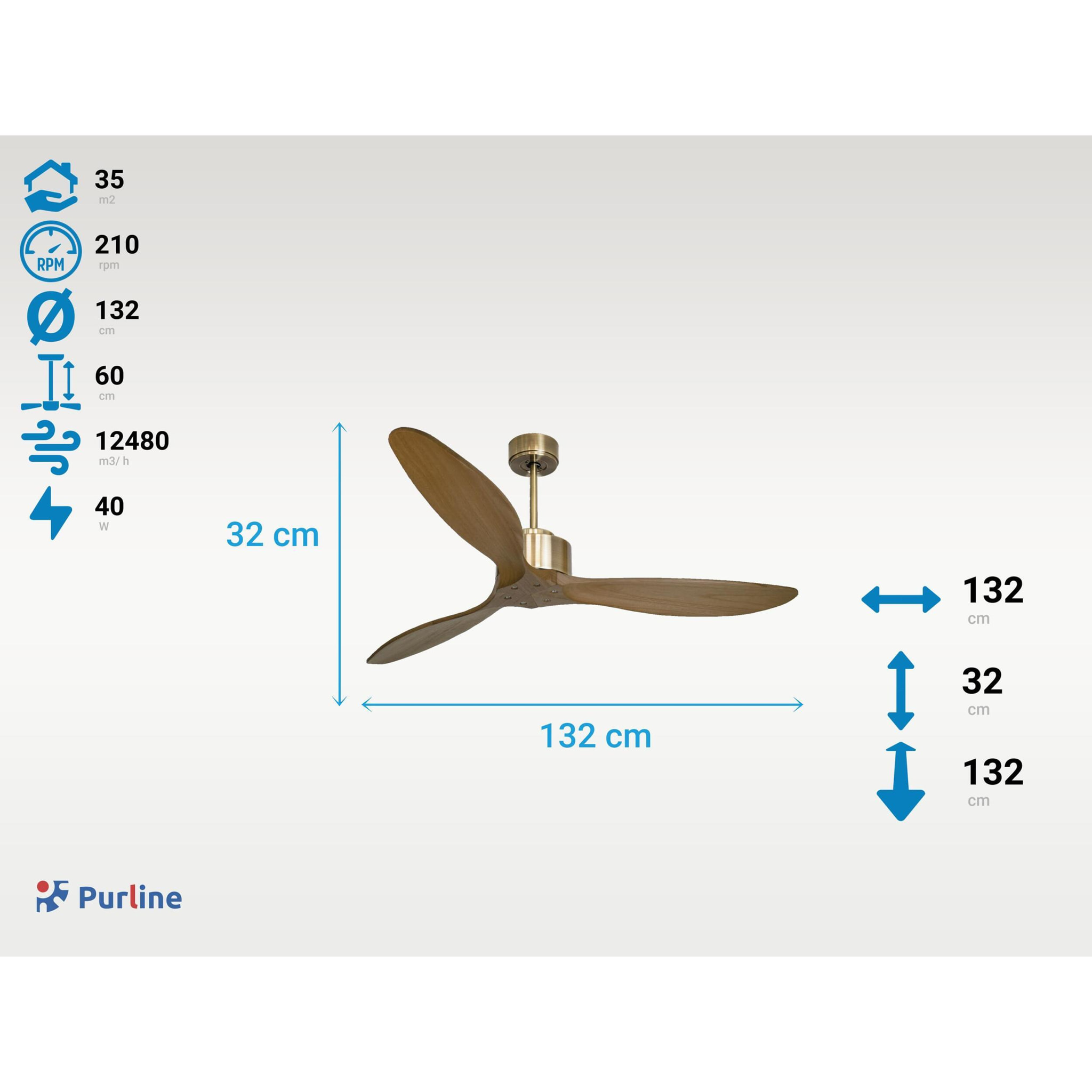 Ventilateur de Plafond ø132 cm avec Wifi Réversible Hypersilence pour 35 m² 40 W Doré