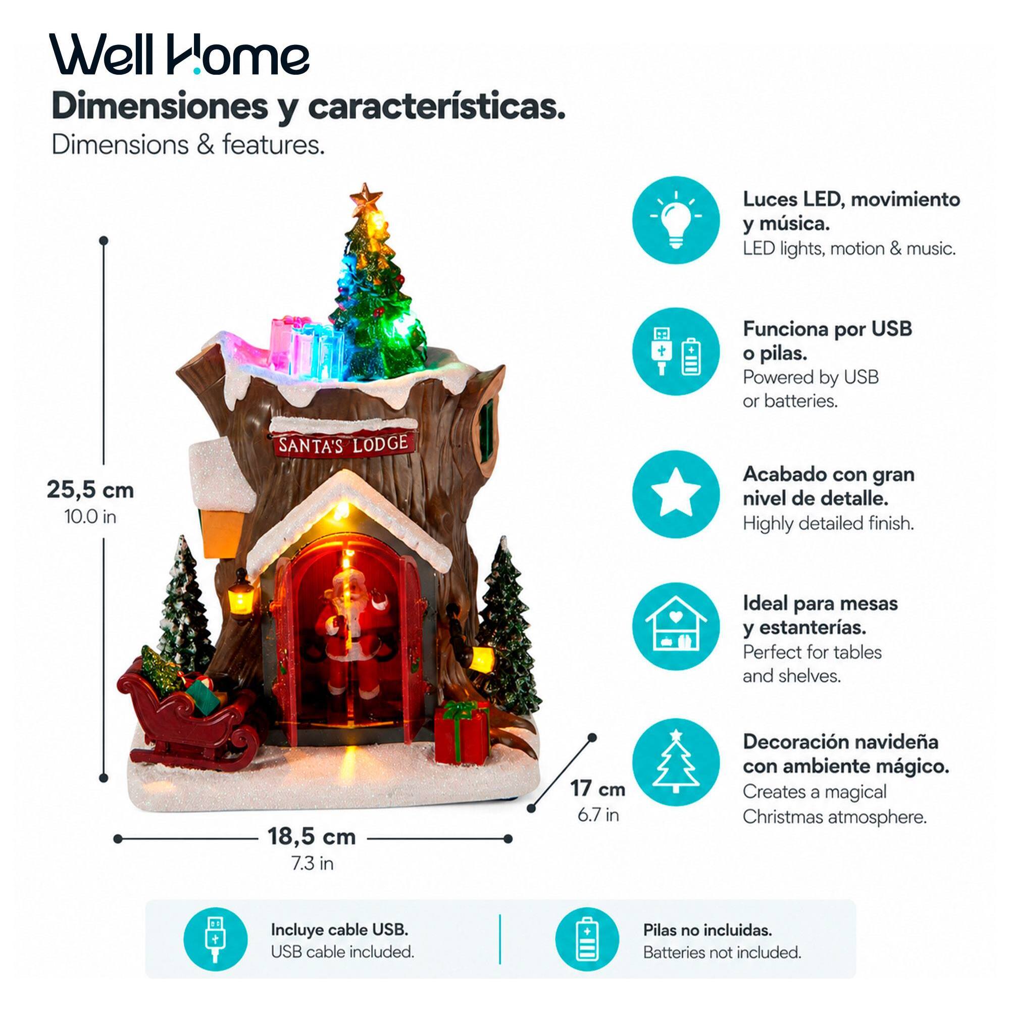 Cabaña de papá noel con luces led, movimiento y música, usb o pilas 18,5x17x25,5 cm