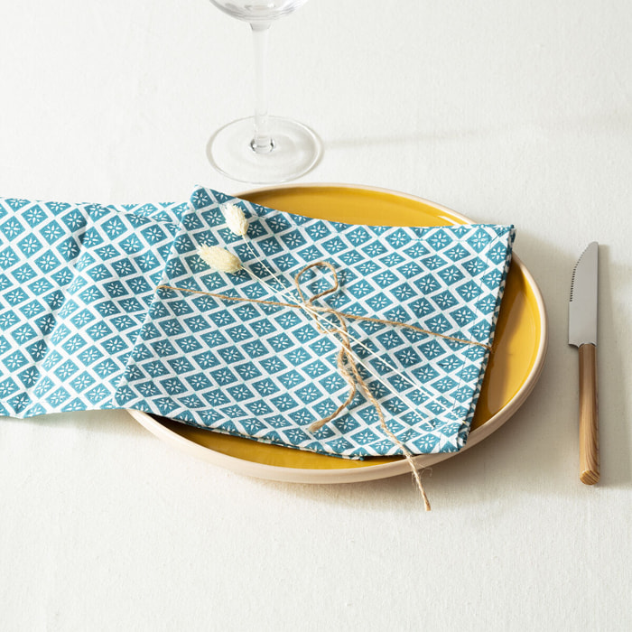 Lot de 4 serviettes de table imprimées "Etnik" - bleu canard - coton 40x40 cm