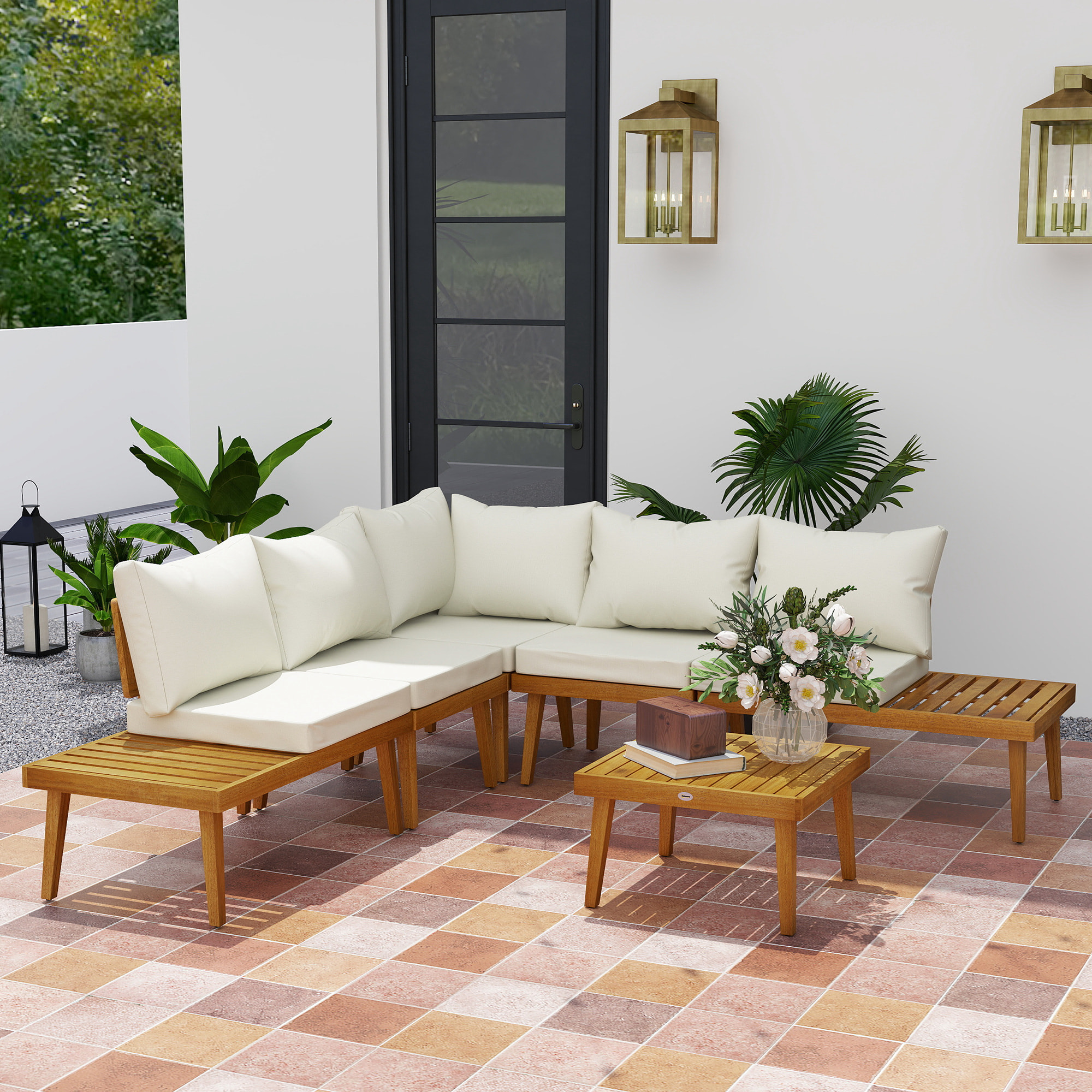 Salon de jardin d'angle 5 places en bois d'acacia avec table basse et tablettes latérales coussins crème