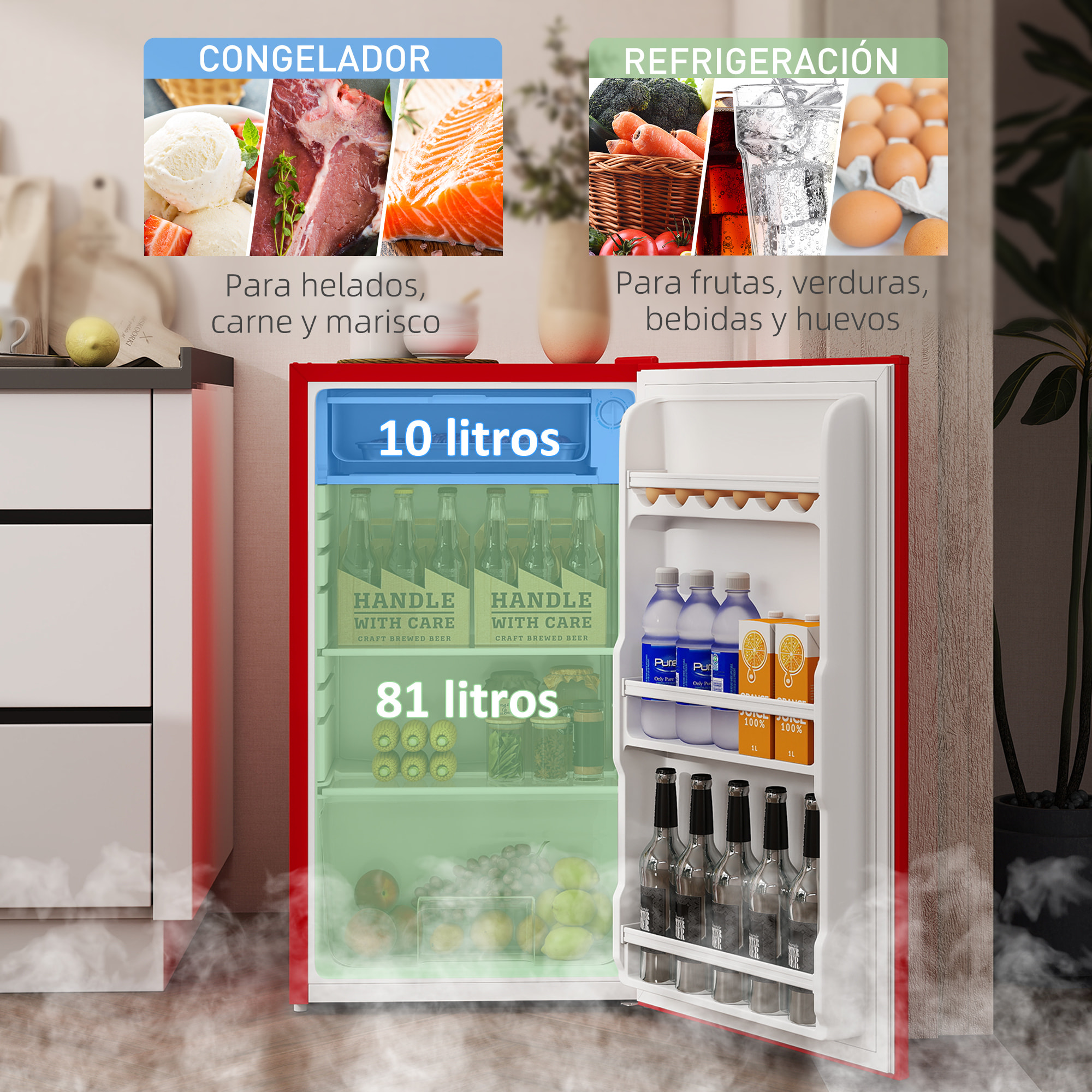 Nevera Pequeña 91 L con Congelador, Mini Frigorífico Silenciosa, Frigorífico Pequeño Bajo Encimera con Temperatura Regulable 5 Niveles, Puerta Reversible y Estantes Ajustables, Rojo