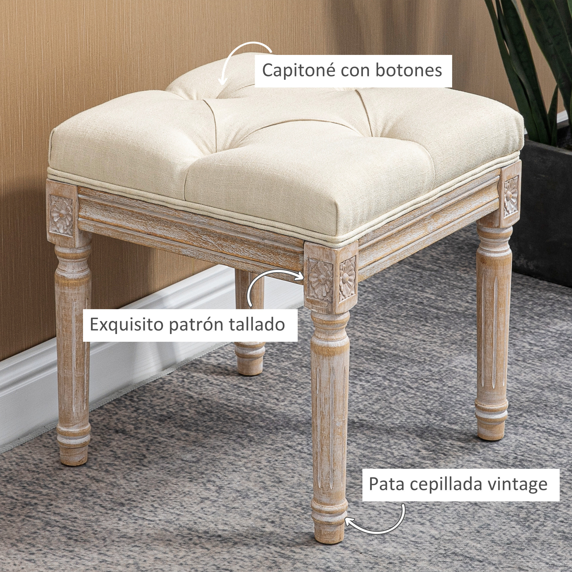 Taburete Pie de Cama Banco para Pie de Cama con Pies de Madera y Asiento Acolchado Carga 120 kg Banqueta de Dormitorio para Entrada Pasillo 40x40x43 cm Beige