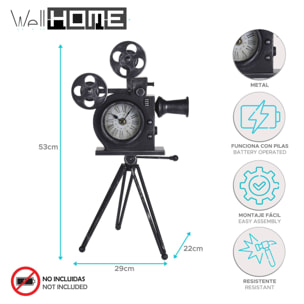 Well home reloj de mesa modelo cámara de peliculas en metal negro 29x22x53cm