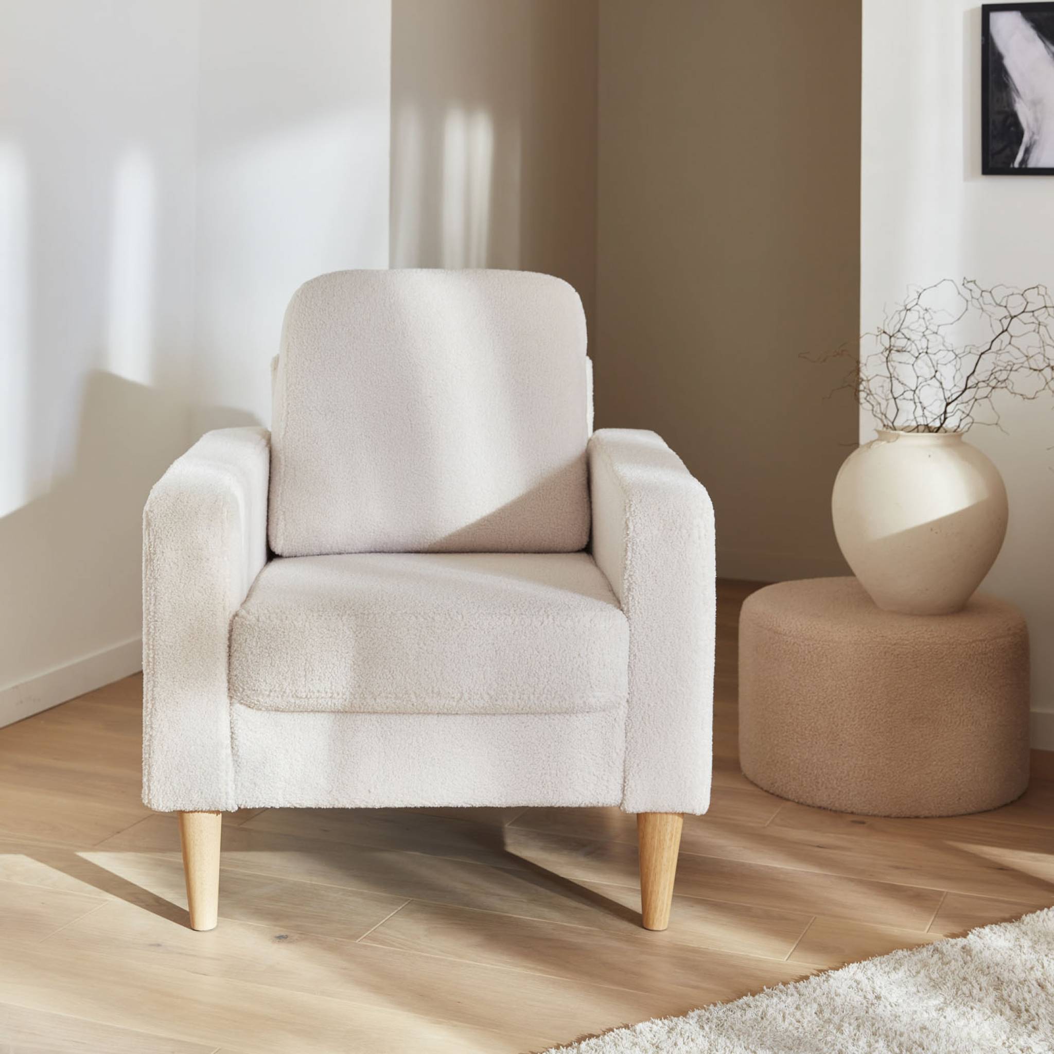 Fauteuil à bouclettes blanc cassé. scandinave  - Bjorn - Canapé 1 place fixe droit pieds bois