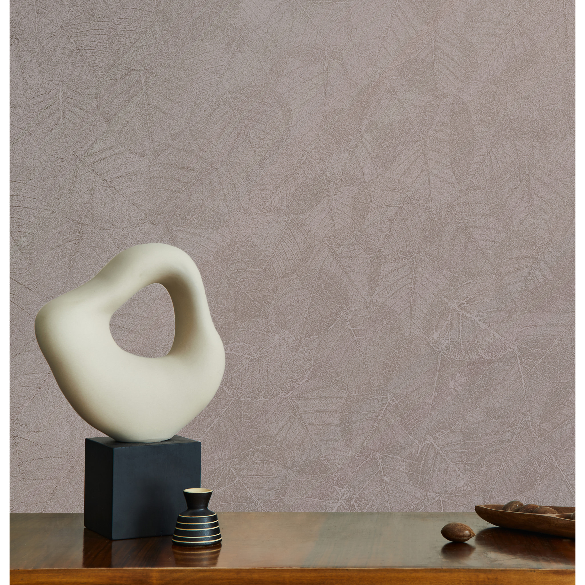 Papier peint feuillage texturé rose grisé
