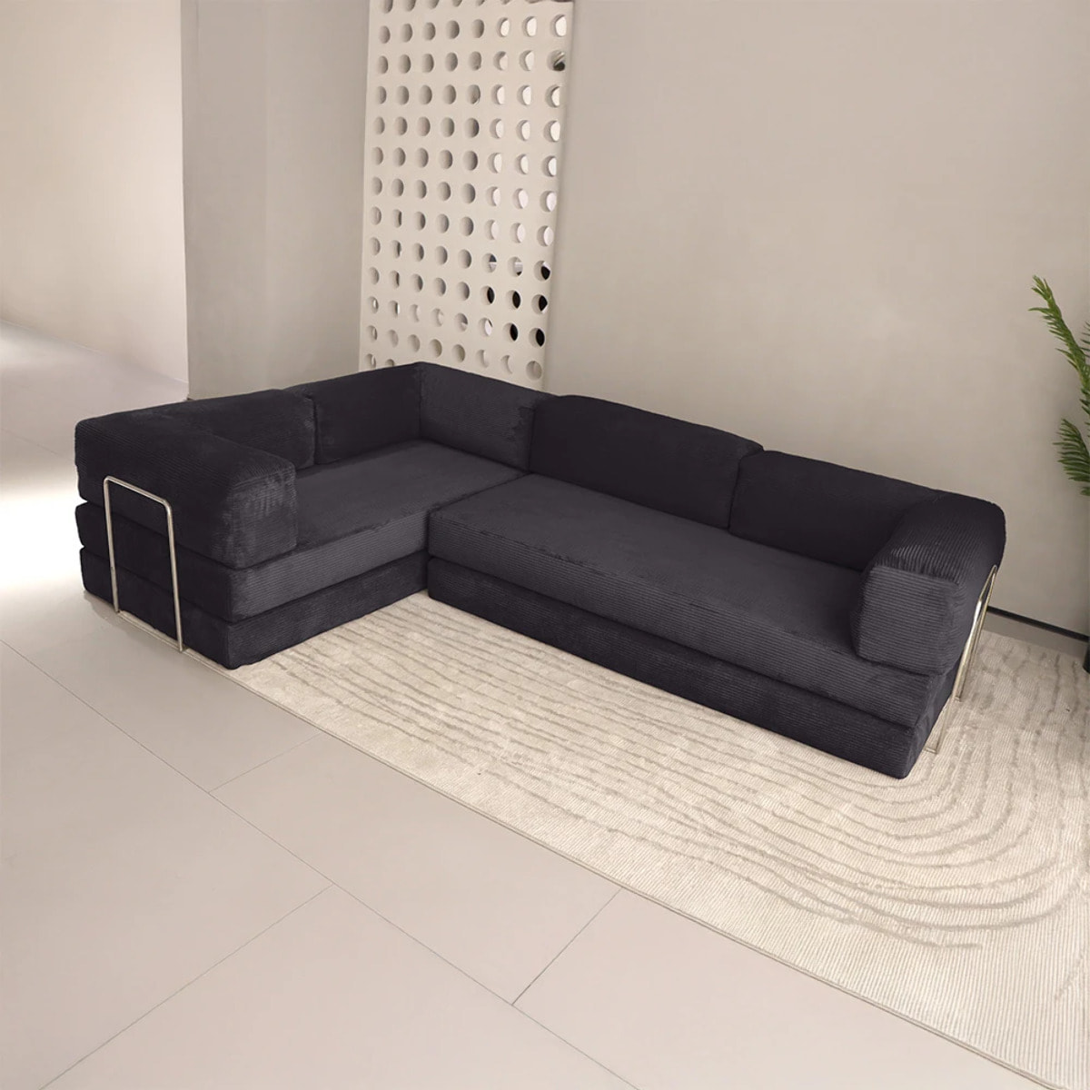 TRENDY - Canapé compressé 5 places angle modulable en velours côtelé anthracite