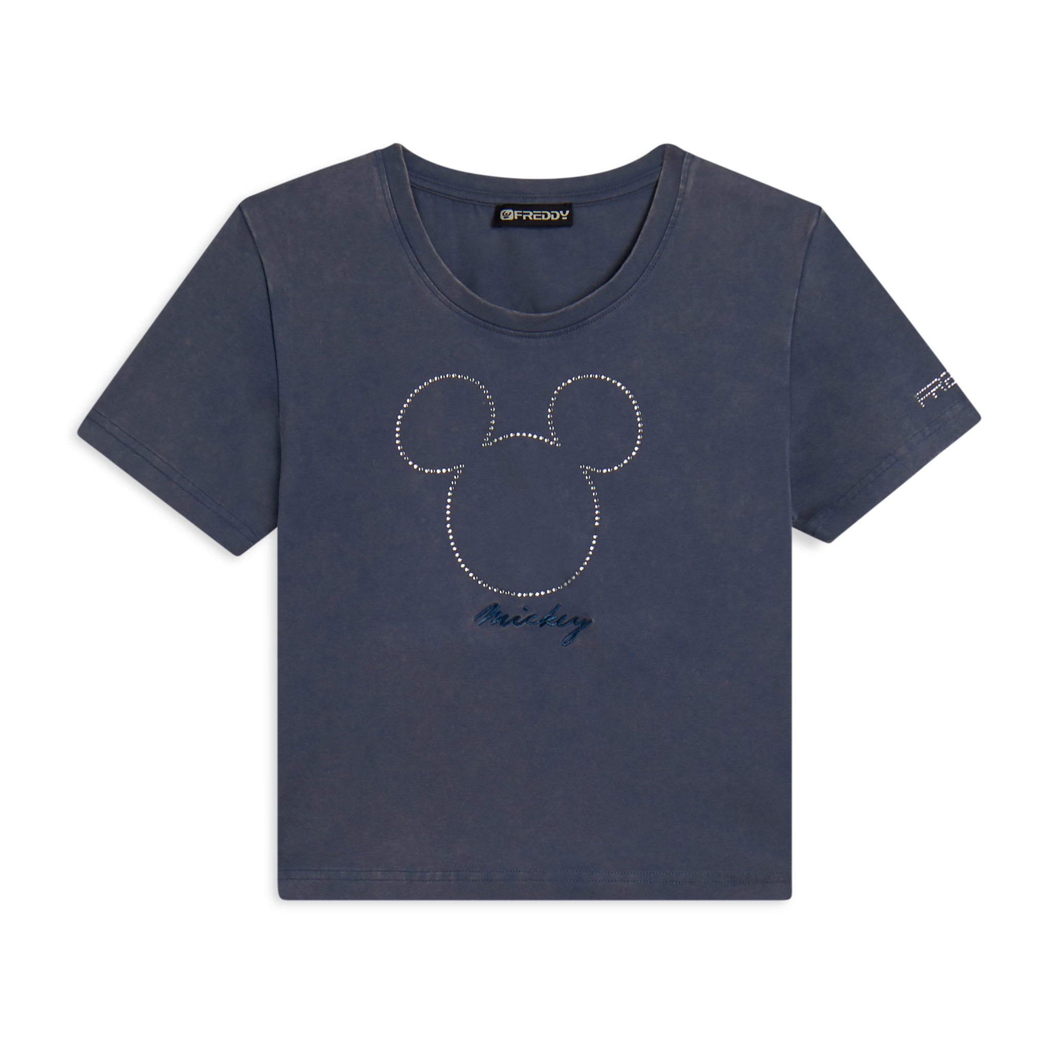 T-shirt cropped da donna con Mickey Mouse in strass