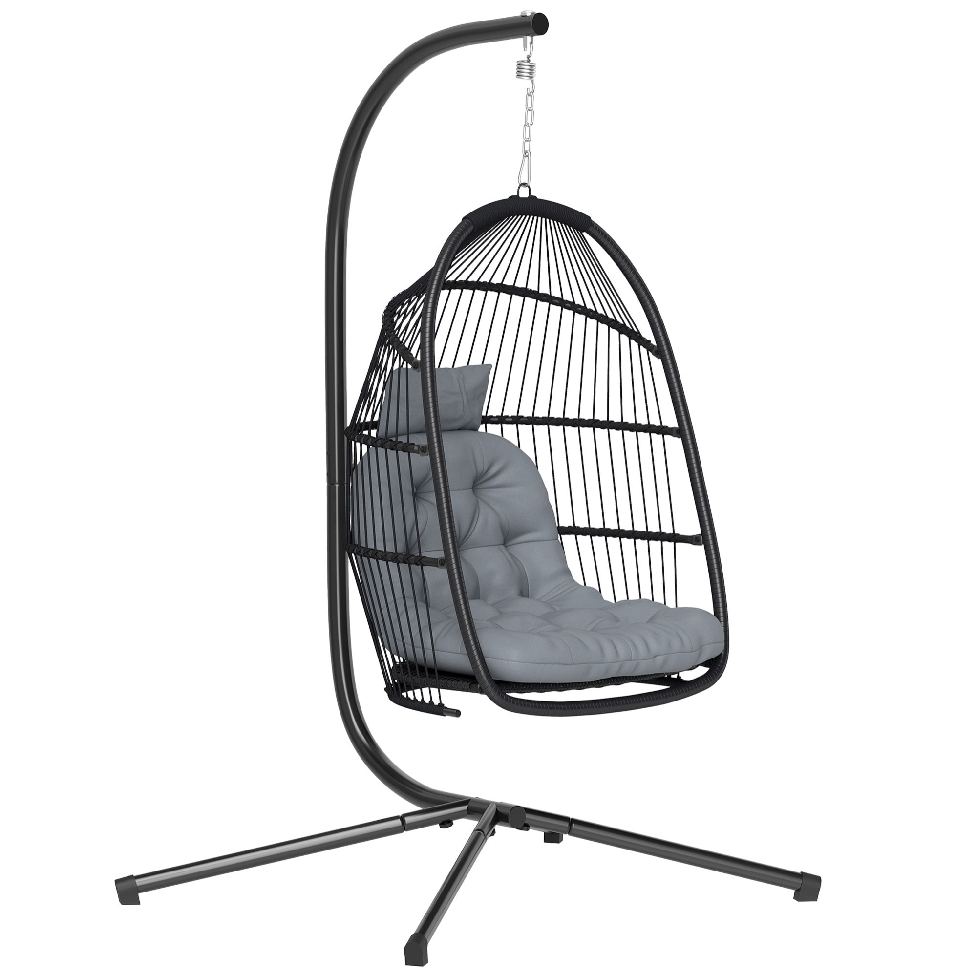 Silla Colgante Huevo con Soporte, Columpio Jardín Exterior con Cesta Plegable, Cojín Anti-UV y Reposacabezas Desmontable para Interior y Exterior, Carga 150 kg, Gris Oscuro