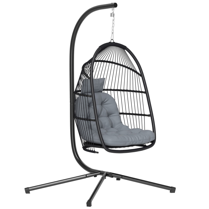 Silla Colgante Huevo con Soporte, Columpio Jardín Exterior con Cesta Plegable, Cojín Anti-UV y Reposacabezas Desmontable para Interior y Exterior, Carga 150 kg, Gris Oscuro