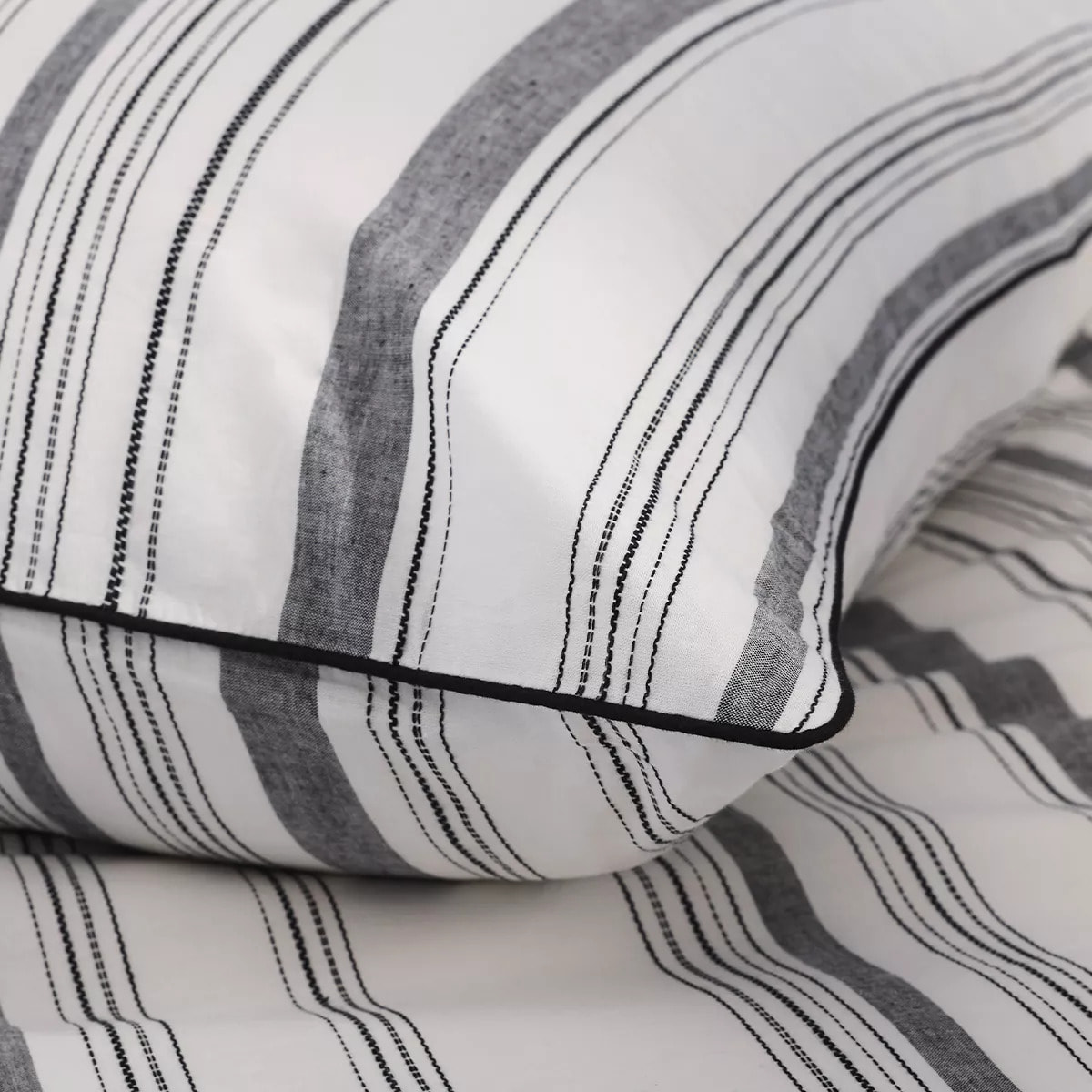 Lot h.couette +taies pur coton lavé rayé anthracite noir Portland granit