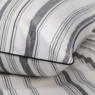 Lot h.couette +taies pur coton lavé rayé anthracite noir Portland granit