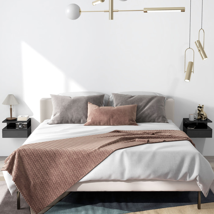 Juego de 2 Mesitas de Noche Flotantes, Mesillas de Noche Dormitorio con Cajón, Estante Abierto, para Sala de Estar, 35x32x22,5 cm, Negro Brillo