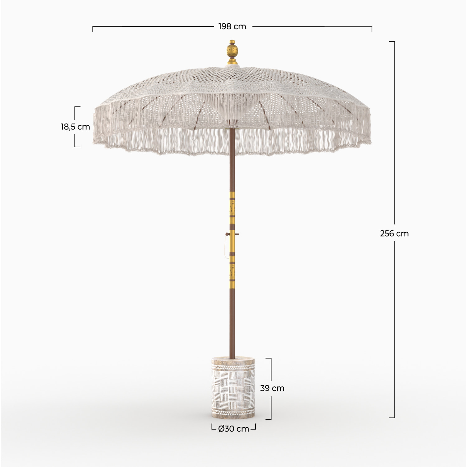 Ensemble parasol en macramé et pied de parasol en bois de suar - Fakélé