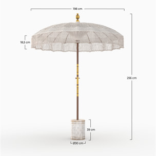 Ensemble parasol en macramé et pied de parasol en bois de suar - Fakélé
